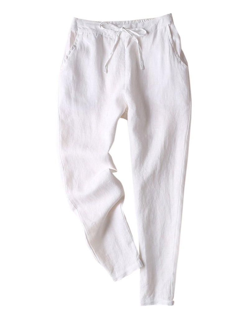IXIMO Women's Tapered Pants 100% Linen Drawstring Back Elastic Waist Pants Trousers with Pockets White M - Image 1